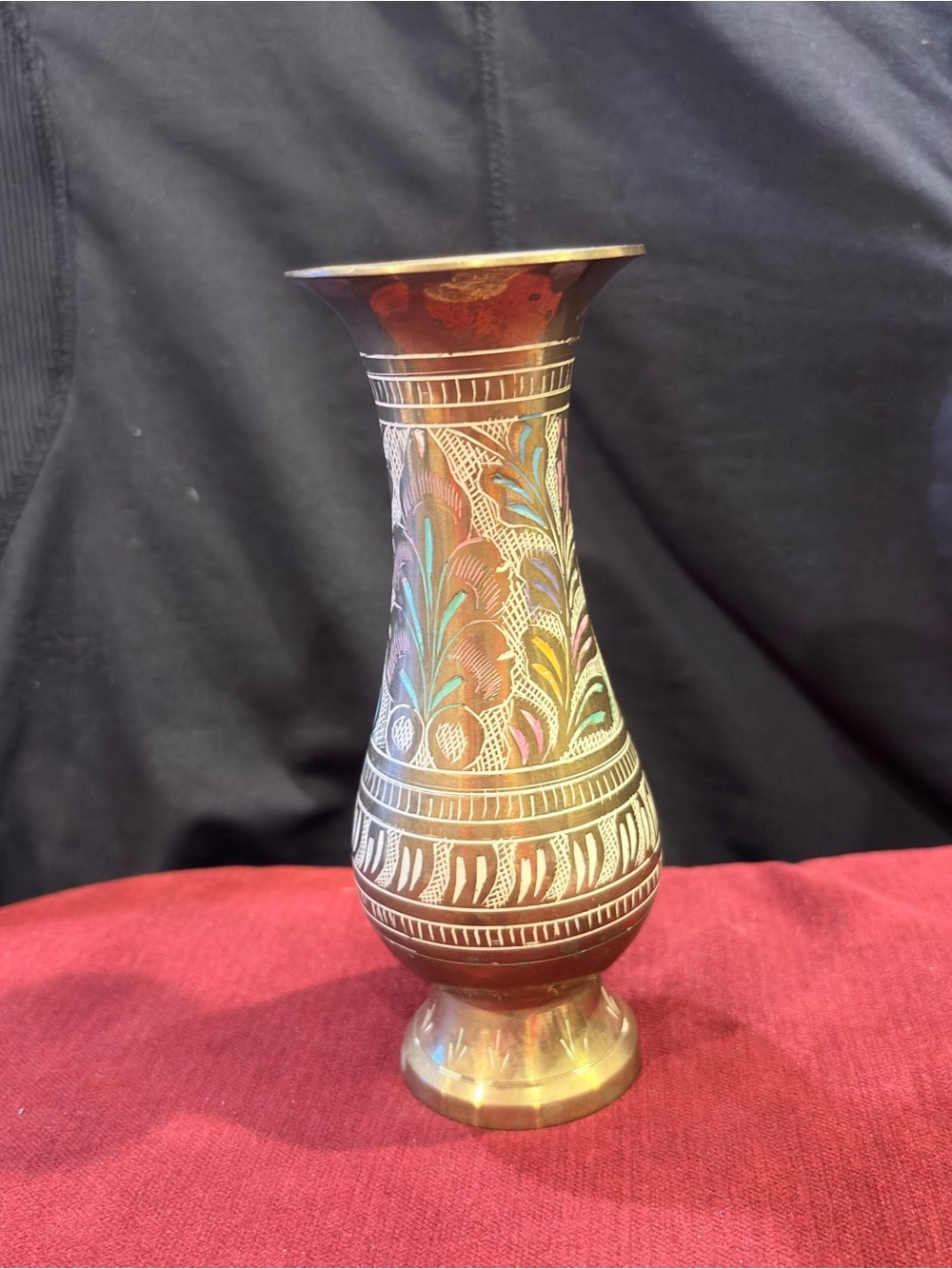 Vintage Etched/Enameled Brass India Vase